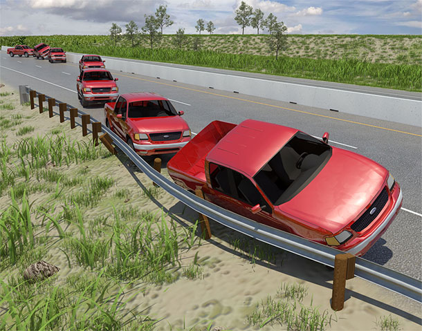 3D render of an SUV crashing into a side rail