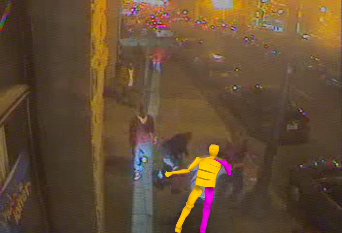 Security camera footage of a street with people and cars. 