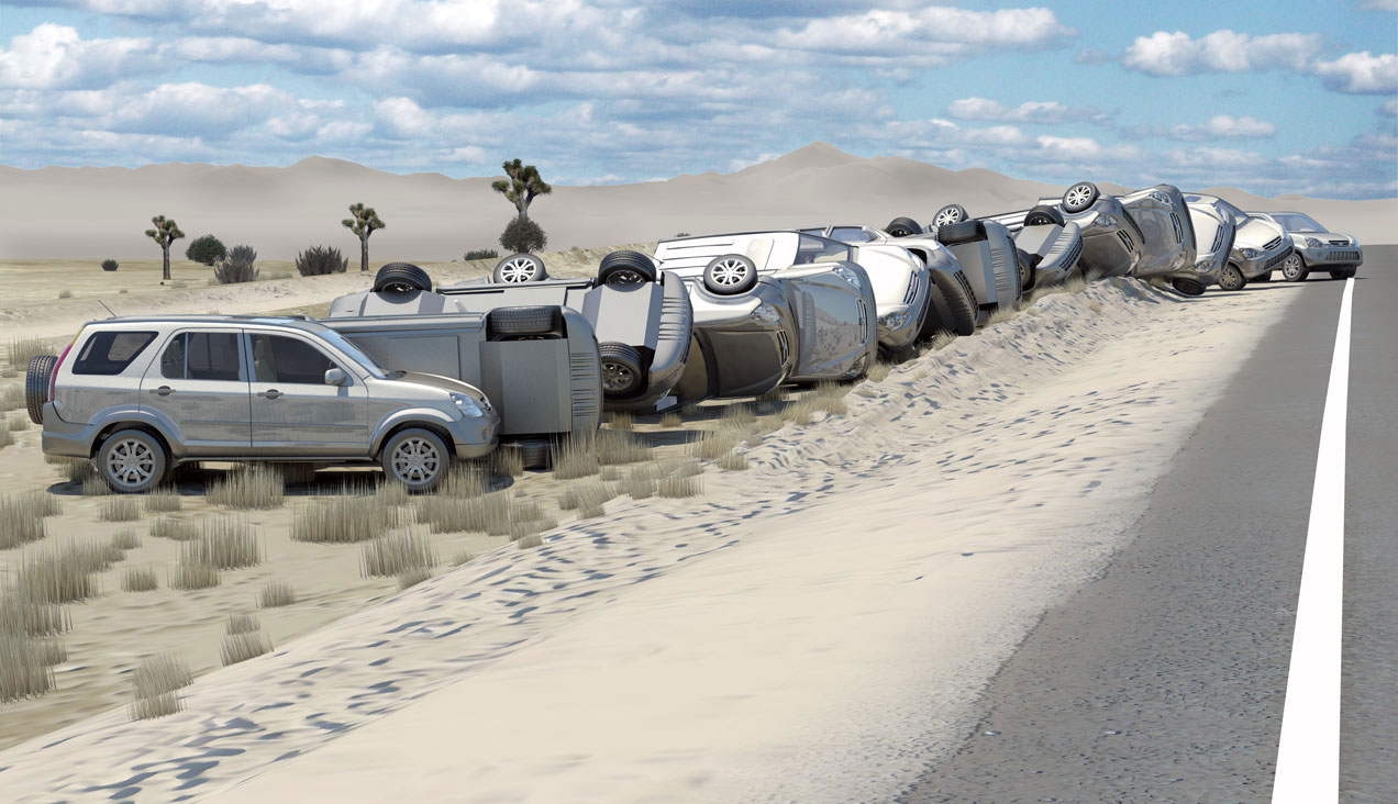 3D render of an SUV rolling off the side of the road into the desert